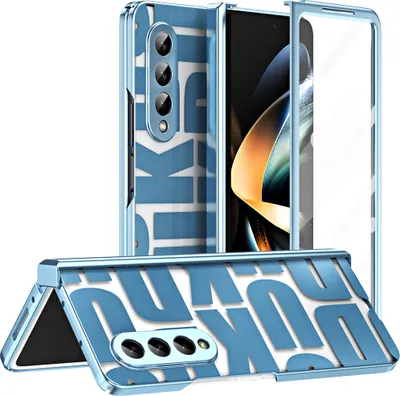 A blue phone case with a white letter pattern, shown in a folded and unfolded state, with a screen protector.