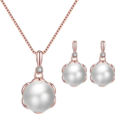 Produktbild von Damen-Schmuckset mit rundem Anhänger, Halskette und Ohrringen mit Kunstperlen und Strasssteinen-Golden