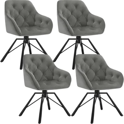 Four dark gray swivel dining chairs with tufted seats and black metal legs are arranged in a grid formation against a white background.