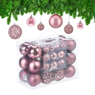 Image de Lot de 50 boules de Noël Relaxdays, boules de sapin scintillantes, mates et brillantes, en plastique, ∅ 3, 4 et 6 cm, rose