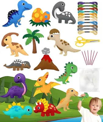 Obrázok produktu pre Sada na šitie dinosaurov z filcu, 14 tvarov zvierat, 6 farieb priadze, pre deti od 6 rokov