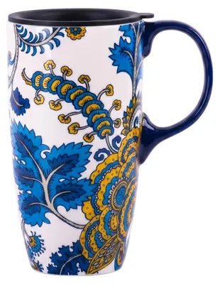 Image de Grande tasse à café en céramique avec couvercle et motif floral
