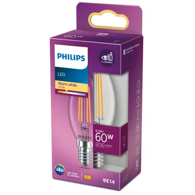 A product package for a Philips LED light bulb.