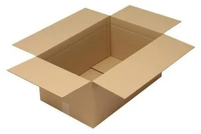 An empty cardboard box with its flaps open, viewed from a slightly elevated angle.