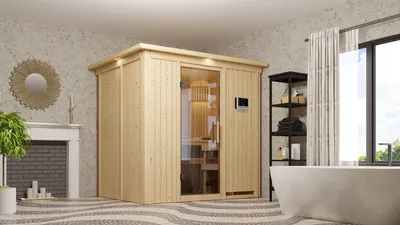 Produktbild von Karibu Sauna Innensauna Anja Fronteinstieg Ofen 9 KW externe Strg easy 224x160x202 cm mit Dachkranz  mit Klarglastür