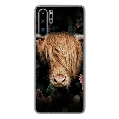 Produktbild von MuchoWow® Handyhülle Schutzhülle Hülle für Huawei P30 Pro Schottischer Highlander - Kuh - Blätter Silikon Softcase Handy Hülle - Schutzdeckel
