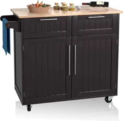 Produktbild von Küchenwagen mit Arbeitsplatte, Küchenschrank auf Rollen, Servierwagen Holz mit Handtuchhalter, bewegliche Kücheninsel, Küchen Rollwagen mit 2 Schubladen, Küchentrolley Gemüsewagen (Kaffee)