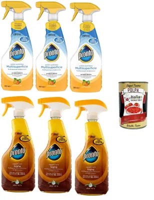 Produktbild von Pronto Detergente Multisuperficie Testpaket, Mehrflächenreiniger, Recycelbare Flasche, Trigger Reinigungsmittel 6x 500ml Packung + Italian Gourmet polpa 400g