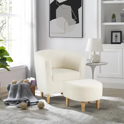 Produktbild von Sessel mit hocker, Sessel Wohnzimmer Weiß, Lesesessel aus Teddy-Stoff ist bequem, Ohrensessel, Fernsehsessel Relaxsessel Cocktailsessel Clubsessel