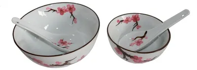 Produktbild von 779 Matcha Reisschale 2 er Set Soba Bowl Sakura – Kirschblüte ø 15 cm und ø 11 cm mit Reislöffel