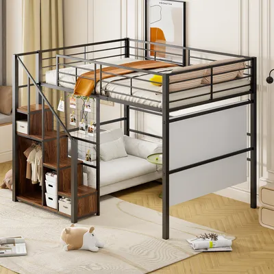 Produktbild von okwish Etagenbett Stockbett 140x200cm mit Stauraumleiter, Hochbett mit Rausfallschutz, Metallbett Kinderbett Bettgestell mit Lattenrost und Ablagefläche, Schwarz