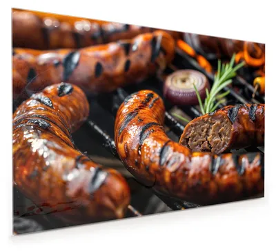 Produktbild von Küchenrückwand Spritzschutz Glas mit Motiv Grillwurst B B Q 40 x 40 cm
