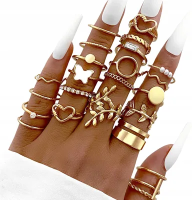 A close-up shot of a hand adorned with multiple rings, showcasing a variety of designs.