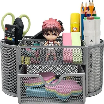 Productafbeelding van Unyqoos® Metalen bureauorganizer – multifunctionele pennenhouder met 9 compartimenten, zilver, ideaal voor school en kantoor