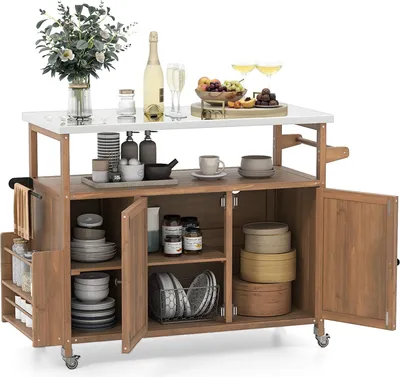 Produktbild von COSTWAY Grillwagen Outdoor, 130x47x92cm Servierwagen auf Rollen, Kücheninsel mit Edelstahl-Arbeitsplatte, , Gewürzregal, Schrank&Handtuchhalter