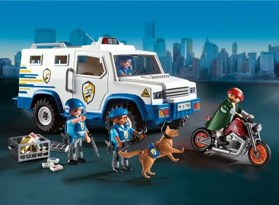 A Playmobil police set with an armored truck, officers, a dog, and a motorcycle.