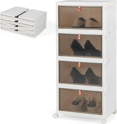 Obrázek produktu pro KOMFOTTEU úložný box se 4 úrovněmi, stohovatelný organizér s víkem a kolečky, průhledný organizér, skládací box 40x27,5x83,5cm, kontejner na boty, oblečení (4 úrovně)