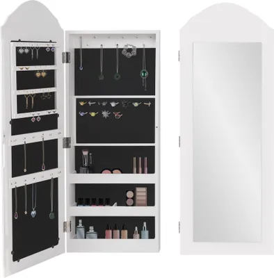 Produktbild von ML-Design Schmuckschrank Weiß, hängend, Wandschrank mit Spiegel und zahlreichen Fächern, 35x95x9 cm, Wandmontage, für Schmuck, MDF Holz Spiegelschrank