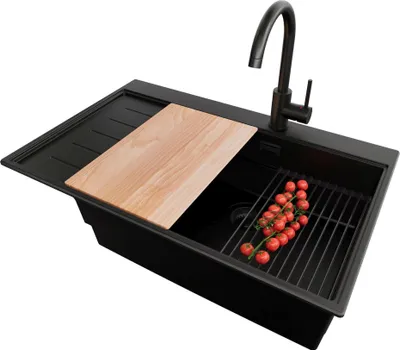 Produktbild von PRIMAGRAN Granitspüle Alles Schwarz 78x50cm, Spülbecken 1 Becken + Ablauf-Set + Küchenzubehörset, Küchenspüle ab 60er Unterschrank - Sydney