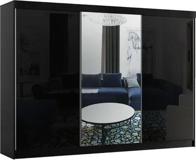 Produktbild von BETTSO Schwebetürenschrank 200 cm mit Spiegel Kleiderschrank mit Kleiderstange Schlafzimmer Wohnzimmerschrank Schiebetüren Schwarz Glanz BAMAS