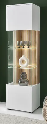 Produktbild von Vitrine "Merced" Glasvitrine weiß mit Eiche 48 x 180 cm, Soft-Close-Funktion und Staboptik
