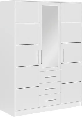 Produktbild von Furniture24 Kleiderschrank Bali D3 Schlafzimmer 3 Türiger Drehtürenschrank 3 Schubkästen Schrank 1 Kleiderstange 5 Einlegeboden Spiegel Weiß matt