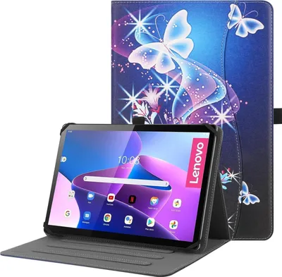 Produktbild von Universal Tablet Hülle 9-10.5 Zoll Kunstleder Stand Folio mit Handschlaufe - Multi-Winkel Silikon Band - Lila Schmetterling