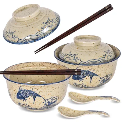 Ramen-Schüssel-Set, 800 ml, Keramik, 2er-Set mit Deckel, Löffeln und Stäbchen