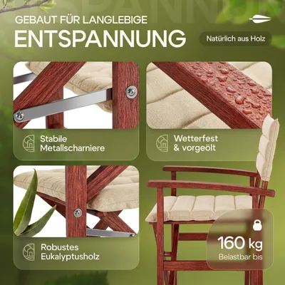 Immagine prodotto di CASARIA® Sedia da Regista Premium Imbottita Legno di Eucalipto Certificato FSC® Pieghevole Braccioli Tessuto Lavabile Capacità di Carico fino a 160kg Giardino Esterno Crema