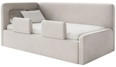 Obrázek produktu pro Selsey Fanko – dětská postýlka 90 × 200 cm s bočními zábranami, matrací, čelem vlevo, samet, světle béžová