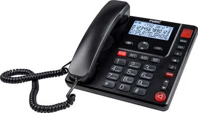 A black corded telephone with a digital display and a coiled cord is shown against a white background.
