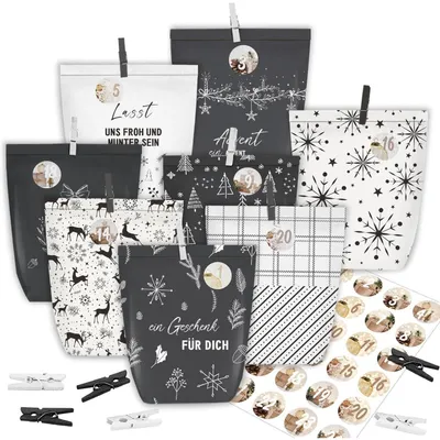 Immagine prodotto di Calendario dell'Avvento con 24 sacchetti di carta, da riempire e decorare, in bianco e nero