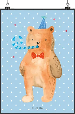 Produktbild von Mr. & Mrs. Panda Bild Bär Geburtstag DIN A2 - Blau Pastell - Geschenk, Kunstdruck, Teddy, Glückwunsch, drucke, Alles Gute, Wandbild, Happy Birthday, Wanddeko