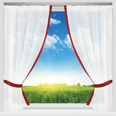Immagine prodotto di Set da tenda con bordino decorativo rosso 140x120 cm – Tenda da bistrot in raso con passante per asta, 2 pannelli e fermacarte, voile per finestre da cucina
