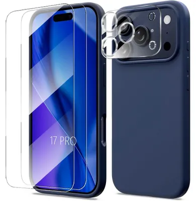 Image de Coque pour iPhone 17 Pro, Silicone Anti-Rayures Antichoc Bleu Marine + 2 Verres Trempés + Protection Caméra