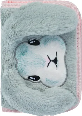 A close-up view of a fluffy pencil case with a bunny face.