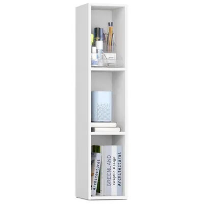 A white, three-tiered open shelf unit filled with various items.