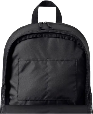 A close-up view of the front of a black backpack.