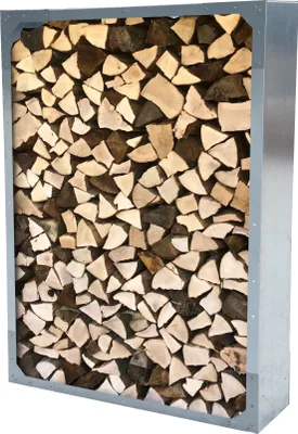 A metal frame filled with stacked firewood.
