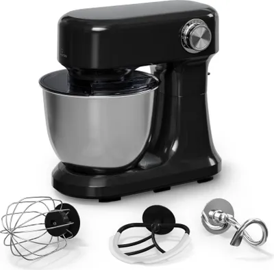 A black stand mixer with its accessories displayed in front of it, on a white background.