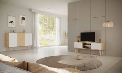Zdjęcie produktu dla Nowoczesna Szafka Rtv Dąb Artisan&Biały 120 Cm, Skandynawski Styl - Elegancki Design
