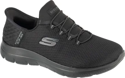 A black Skechers slip-on shoe is shown from a side angle against a white background.