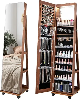 Imagen del producto de Espejo de pie para joyas con ruedas, armario giratorio con espejo, 3 luces LED de colores y estantes ajustables, ideal para collares, pendientes y cosméticos (marrón)