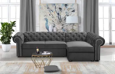 Produktbild von Dunkelgrau Ecksofa L-form Farbe Kronos 22 Chesterfield Glamourös Wohnzimmer Ecksofa mit schlaffunktion Polsterecke mit Kristallen