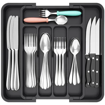 Produktbild von Besteckkasten Besteckeinsatz Schubladenorganizer - Verstellbar - 22,6 bis 37,3 cm - Kunststoff - Schwarz