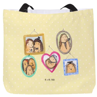 Produktbild von Mr. & Mrs. Panda Tote Bag Igel Familie - Gelb Pastell - Geschenk, Laptoptasche, Tragetasche, Muttertag, Tasche, Beutel, Bilder, Liebe, Strandtasche, Glück