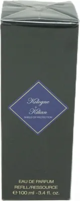 A dark gray box for a perfume refill with a blue diamond-shaped label in the center.