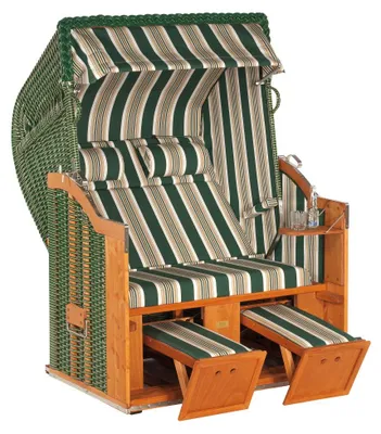 Produktbild von Classic Strandkorb Halbliegemodell 2-Sitzer Grün mit beigen Nadelstreifen