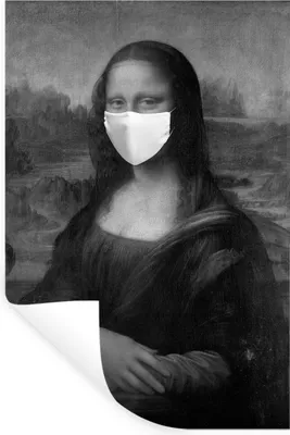 Produktbild von MuchoWow® Wandtattoo Wandsticker Wandaufkleber Mona Lisa mit blauer Mundhaube - Gemälde von Leonardo da Vinci - schwarz-weiß 20x30 cm Selbstklebend und Repositionierbar - Sticker - Dekorfolie