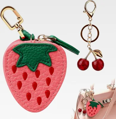 Produktbild von Erdbeer Geldbörse, Schlüsselanhänger Tasche, Mini Geldbörse für Damen, Leder Taschenanhänger mit Kirsch-Schlüsselanhänger für Halloween und Weihnachten